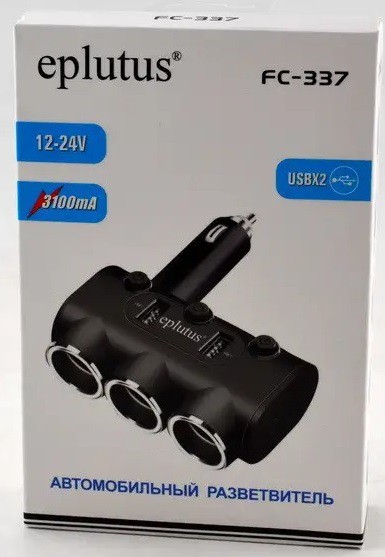 Разветвитель прикуривателя 1->3 (без провода, 2*USB 3.1A) Eplutus FC-337