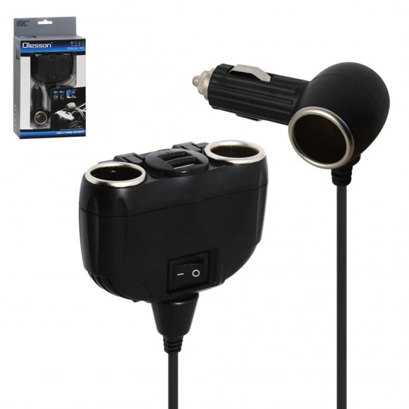 Разветвитель прикуривателя 1->3 + USB (с проводом + выносной, выключатель, 2*USB 3.1a) Olesson 1630