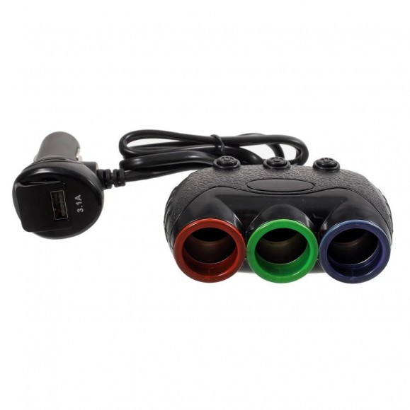 Разветвитель прикуривателя 1->3 + USB (c проводом, с вольтметром, USB 3.1A) Olesson 1633A