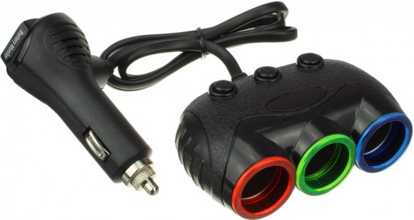 Разветвитель прикуривателя 1->3 + USB (c проводом, с вольтметром, USB 3.1A) Olesson 1633A