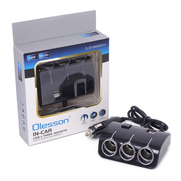 Разветвитель прикуривателя 1->3 (c проводом, 2*USB, кнопка включения) Olesson 1506