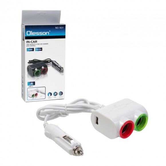 Разветвитель прикуривателя 1->2 (с проводом, 1*USB)  Olesson 1631