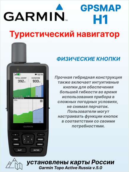 Портативный навигатор Garmin GPSMAP H1, GNSS, сенсорый экран 3.5”, работа до 145 часов, карта России TopoActive Russia