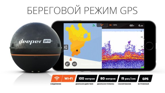 Эхолот Deeper Smart Sonar PRO+ (Plus) беспроводной c Wi-Fi и GPS двухлучевой Эхолот Deeper Smart Sonar PRO+ (Plus) беспроводной c Wi-Fi и GPS двухлучевой